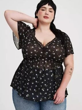 Torrid Lace-Trim Black Floral Peplum Top